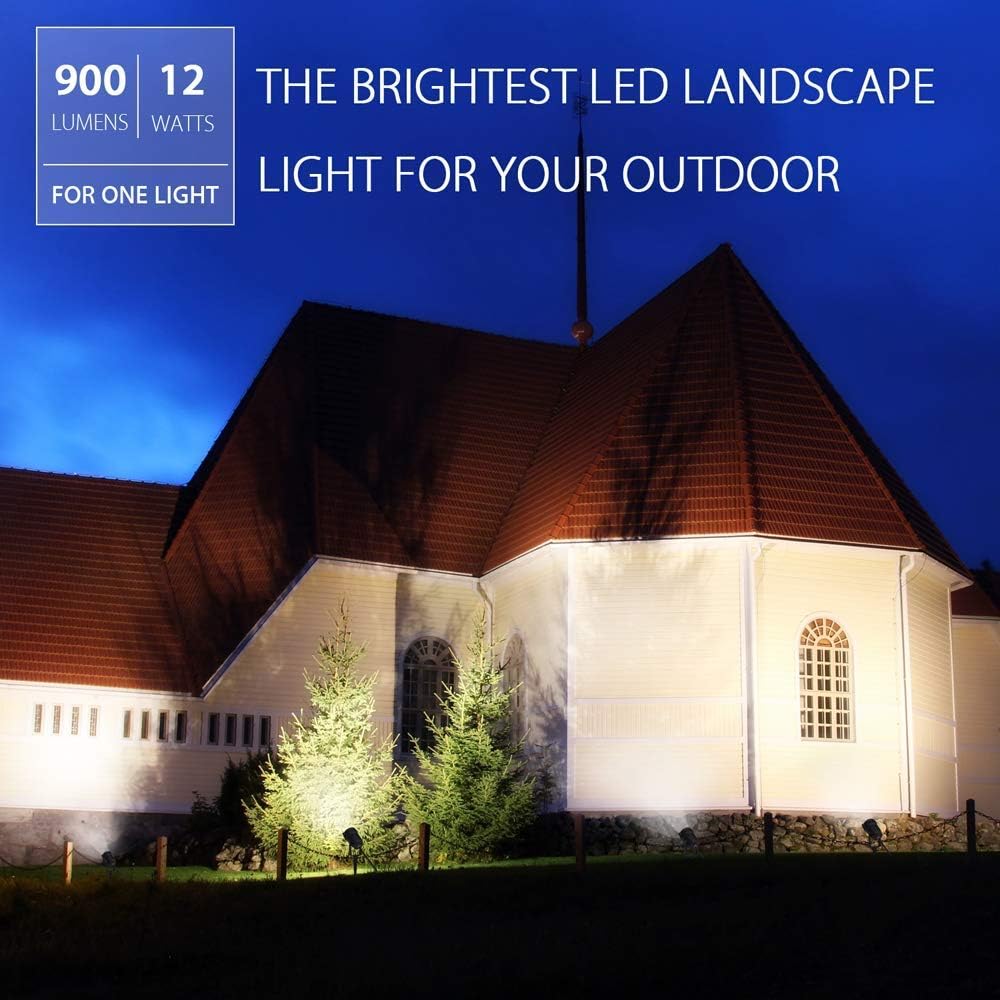 SUNVIE 12W LED Landscape Lighting Low Voltage (AC/DC 12V) Waterproof Garden Pathway Lights Super Warm White (900LM) Walls Trees Flags Outdoor Spotlights with Spike Stand (4 Pack) Lee Lighting