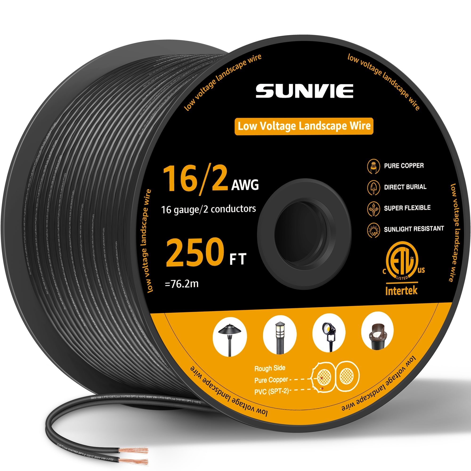 250FT 16 Gauge 16/2 Low Voltage Stranded Copper Electric Wire for Landscape Lighting Wire, ETL Listed LVW-RL16-2C250