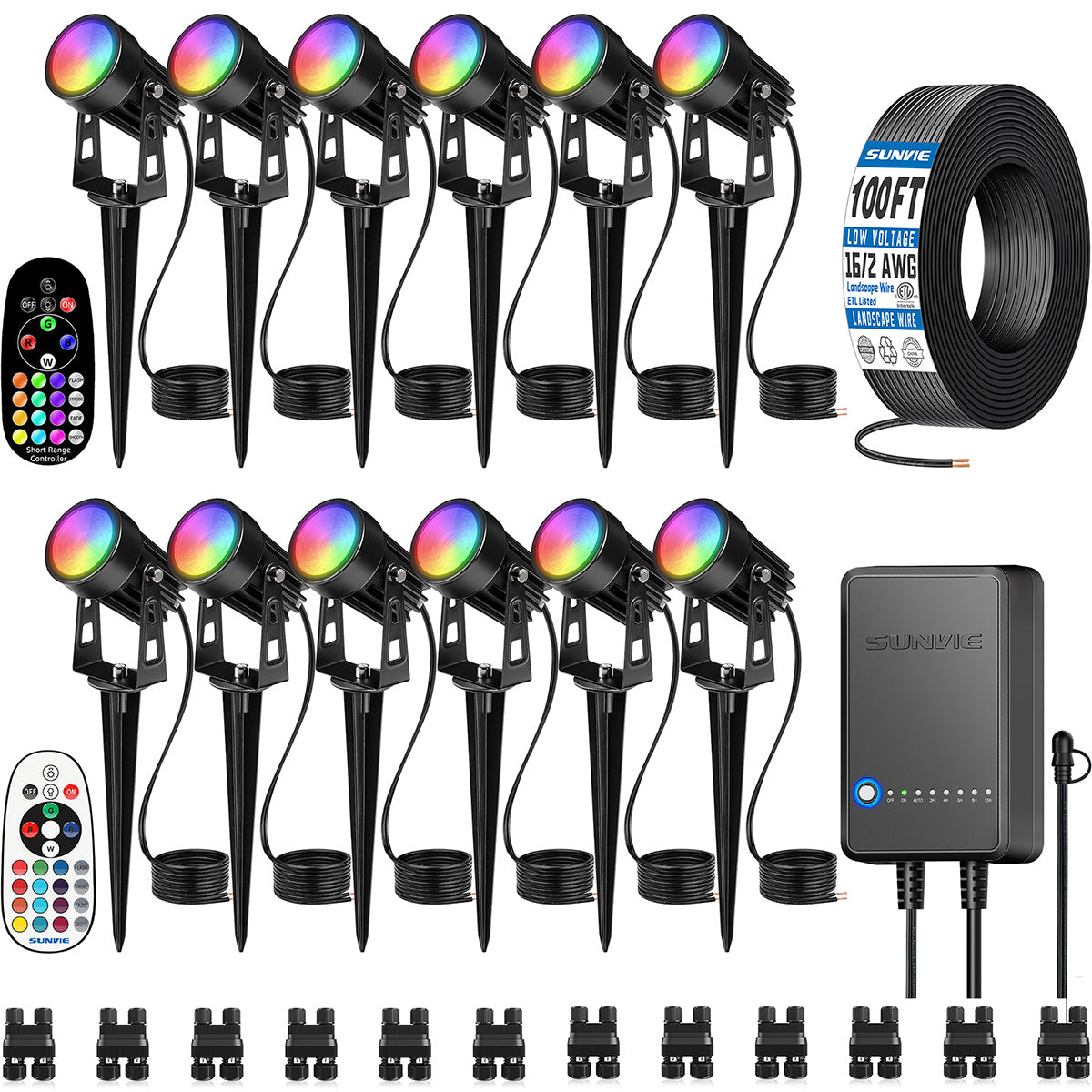 Low Voltage RGBW Colored 3W Spotlights Kit with 60W Transformer & Wire 12 Pack KTW-R12A