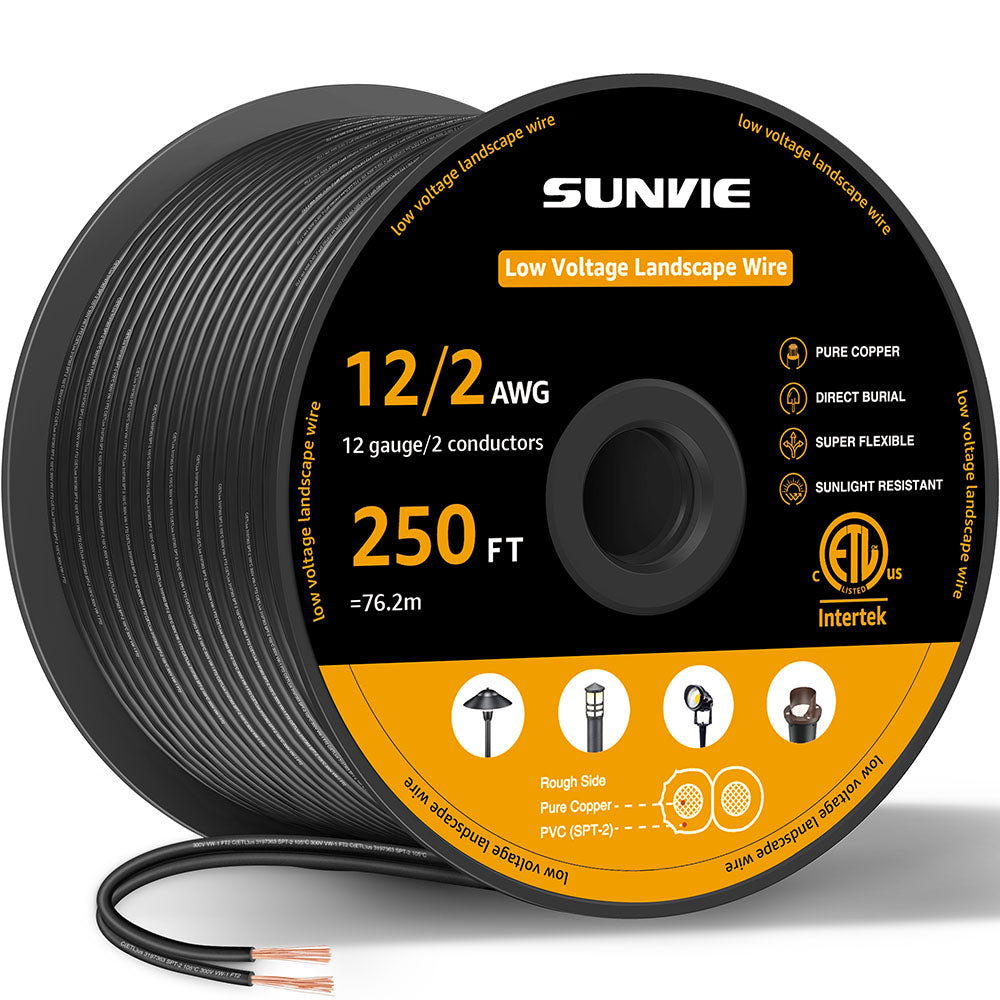 250FT 12 Gauge 12/2 Low Voltage Stranded Copper Electric Wire for Landscape Lighting Wire, ETL Listed LVW-RL12-2C250