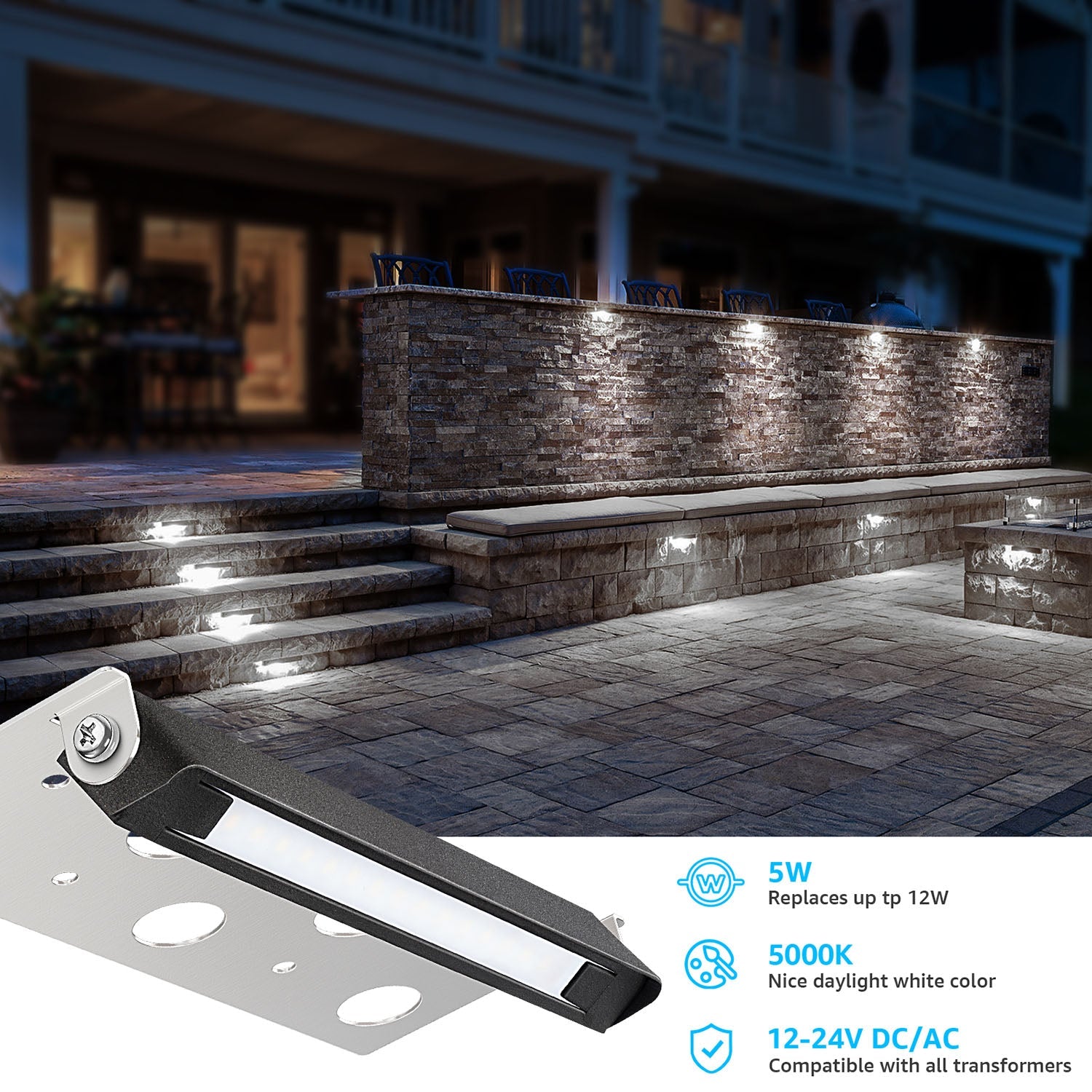 Low Voltage Hardscape 7′′ Retaining Wall Lights 5000K Daylight White 12 Pack CLDF-05-12C