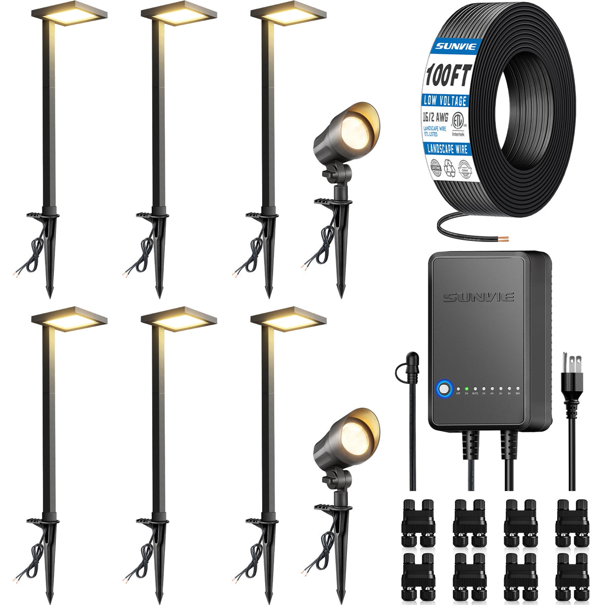 Low Voltage Landscape Lighting Kit 6 Pathway Lights + 2 Spotlights with Transformer & Wire KTW-W6DA2S6