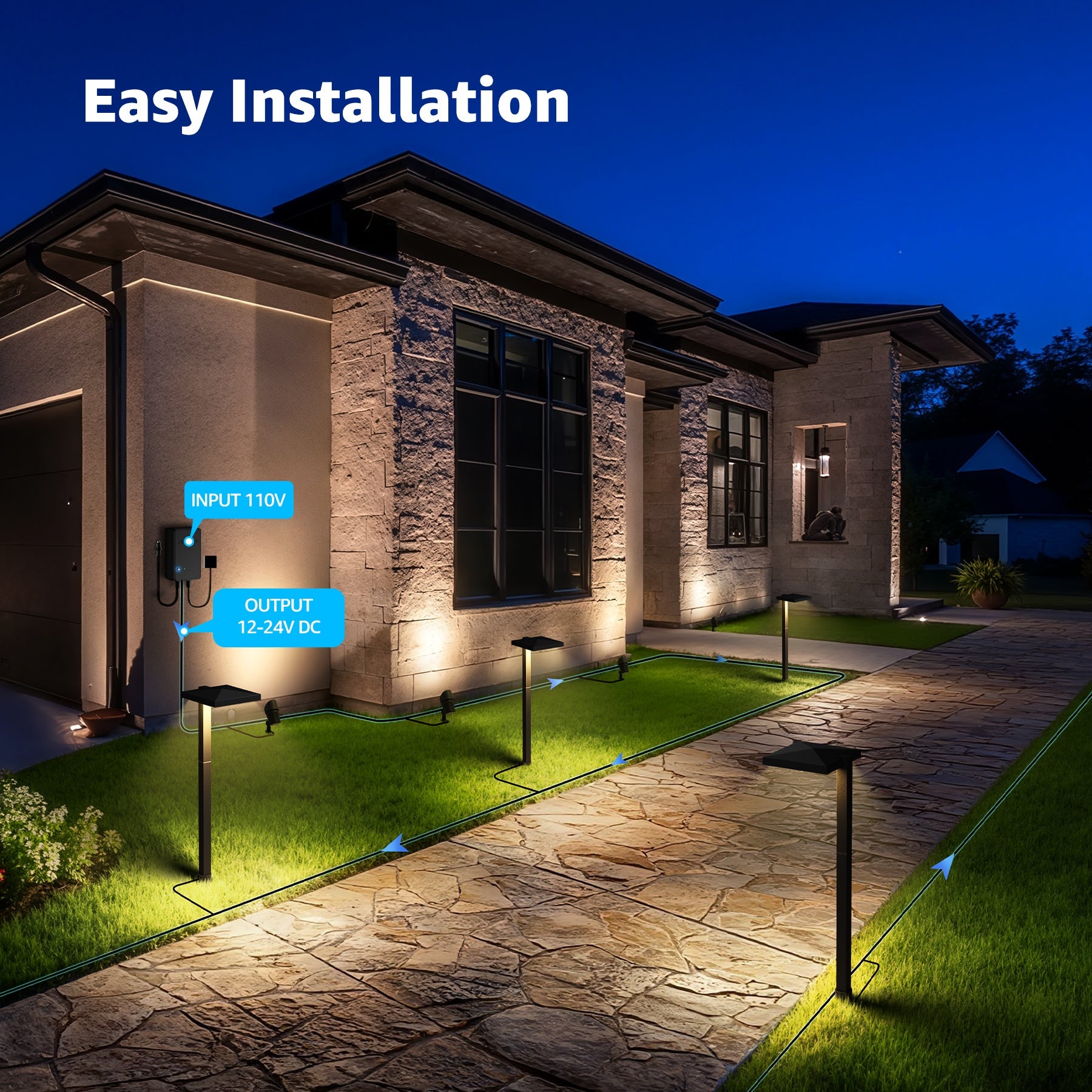 Low Voltage Landscape Lighting Kit 6 Pathway Lights + 2 Spotlights with Transformer & Wire KTW-W6DA2S6