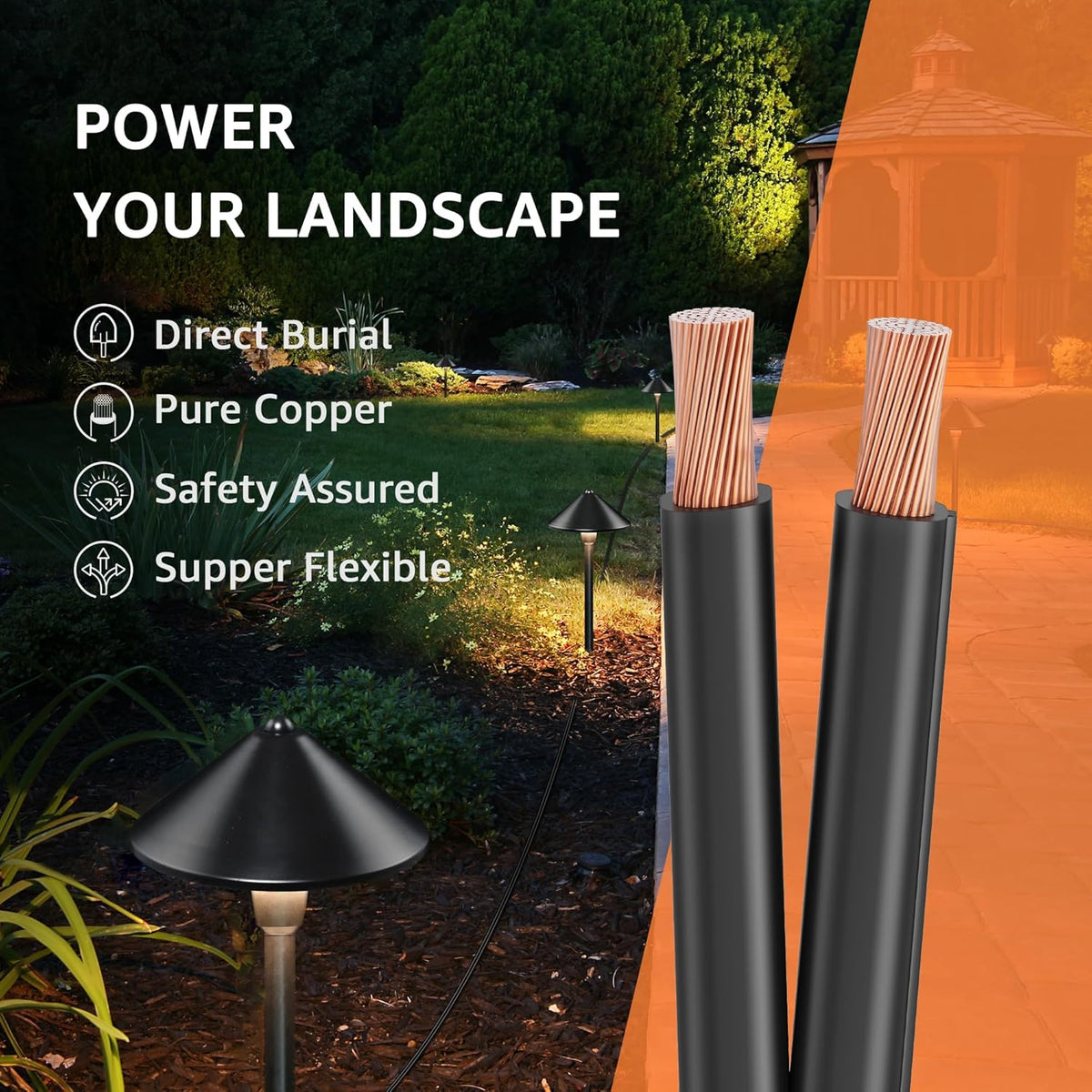 100FT 12 Gauge 12/2 Low Voltage Stranded Copper Electric Wire for Landscape Lighting Wire, ETL Listed LVW-RL12-2C100 SUNVIE