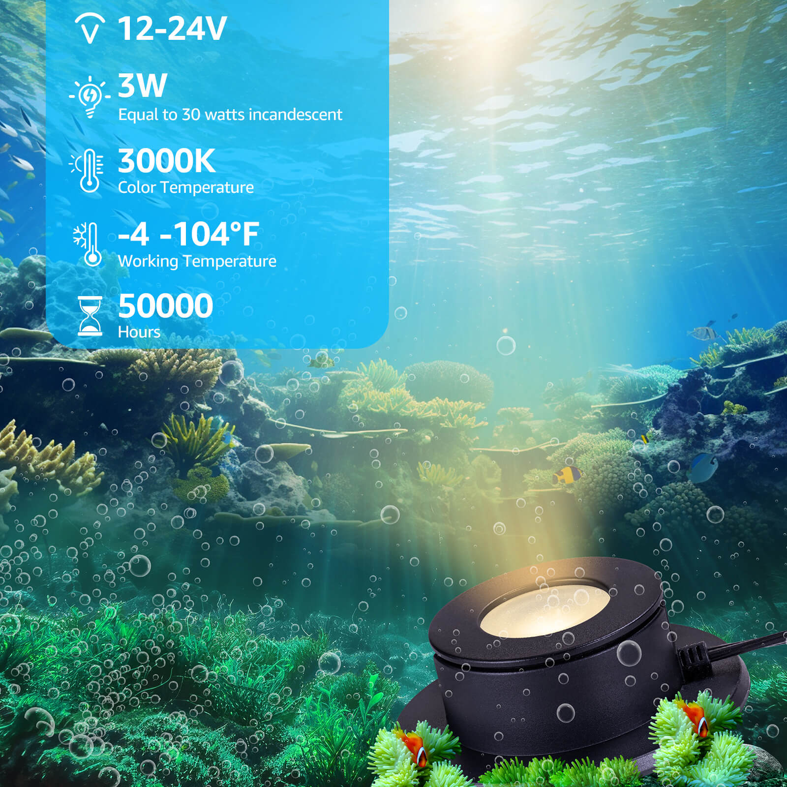 Low Voltage 3W LED Waterproof Underwater Fountain Pond Lights 1 Pack ULWS-03W-01