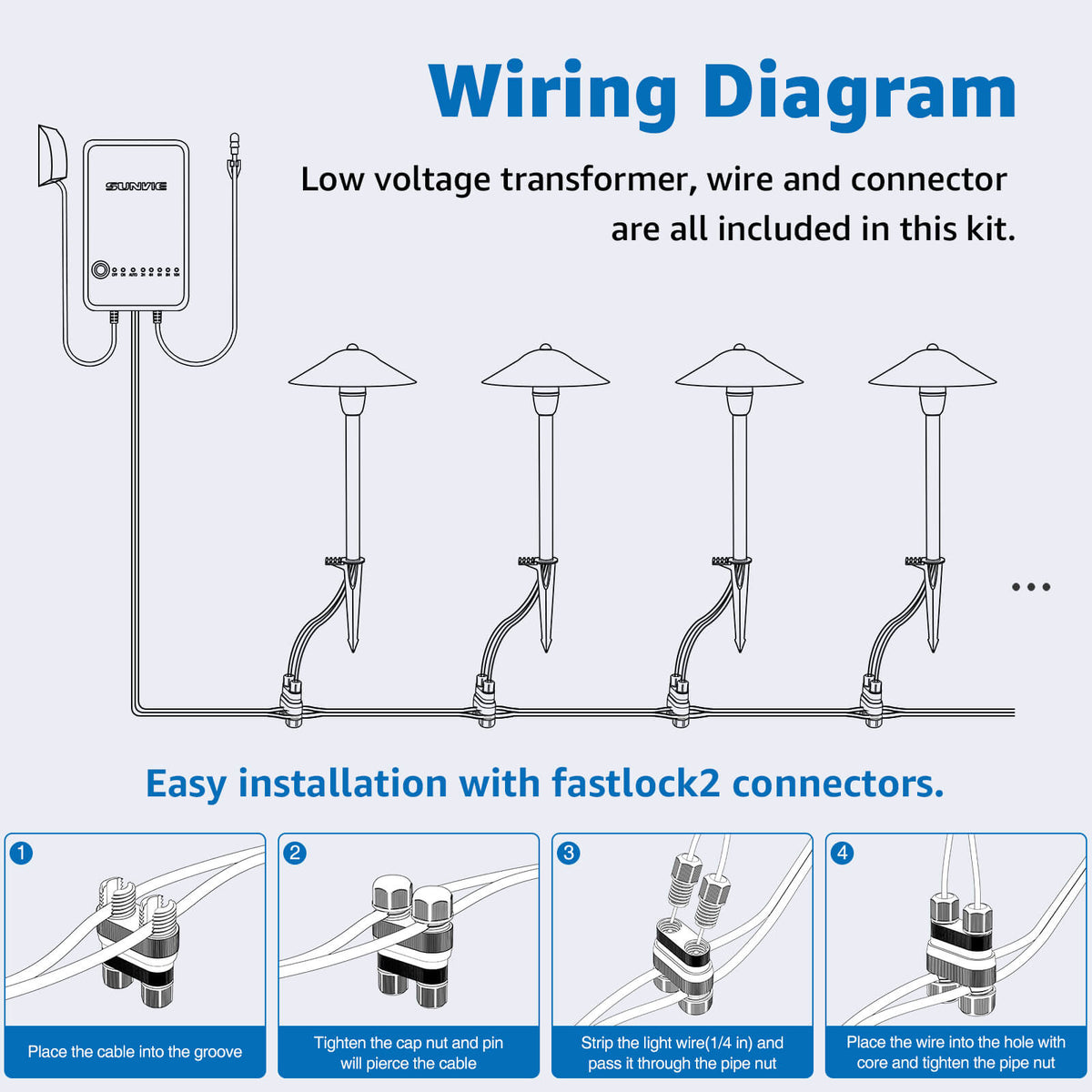 All In One RGBW Pathway Lighting Kit 8 Pack with Transformer Wire & Connectors KTW-R8PA