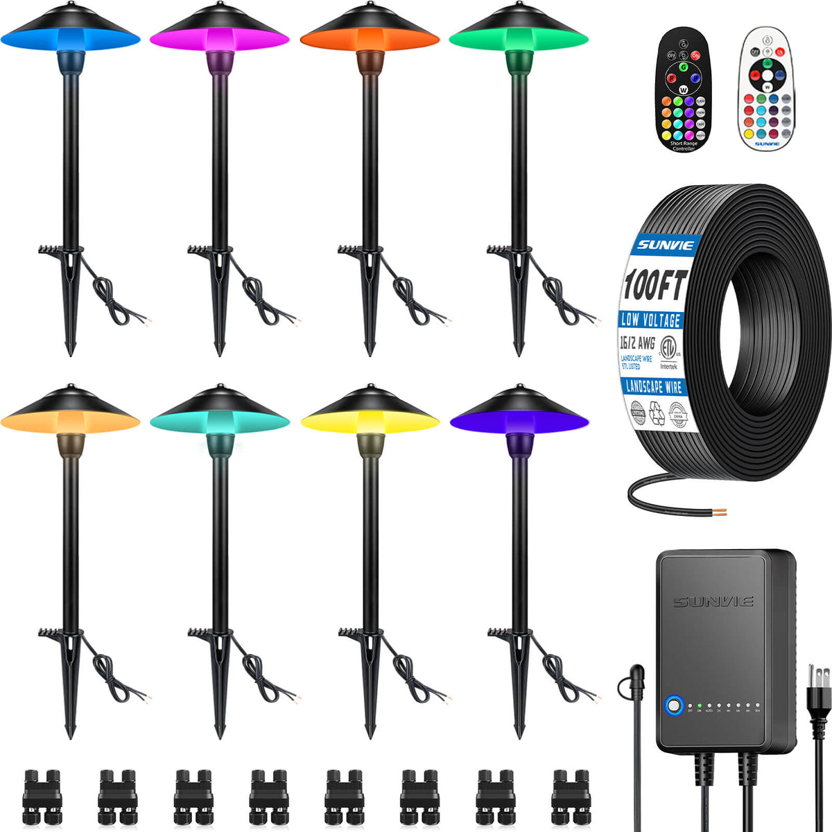 All In One RGBW Pathway Lighting Kit 8 Pack with Transformer Wire & Connectors KTW-R8PA